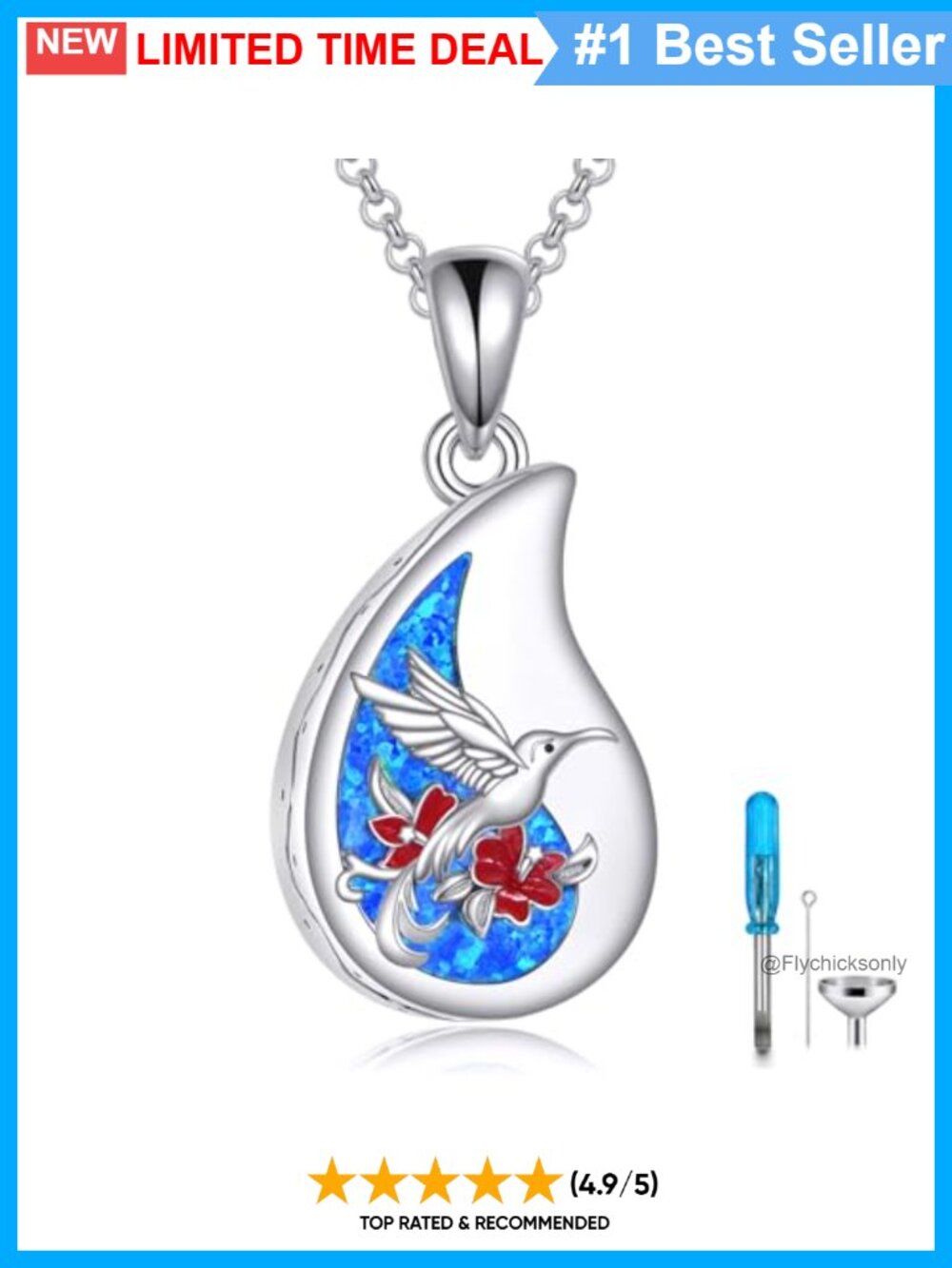 925 Sterling Silver Hummingbird Urn Necklace Blue Opal Teardrop Memorial Pendant